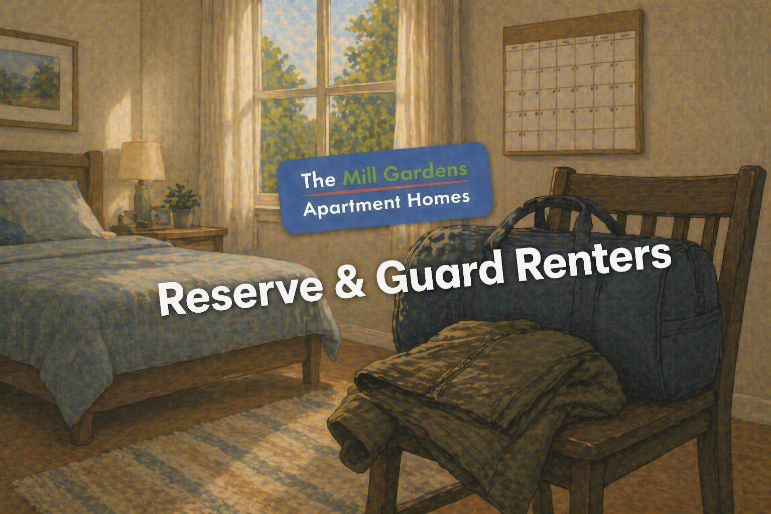 Packed weekend bag and gear on a bedroom chair with a sunlit bed and wall calendar, Air Force Reserve Robins AFB renter scene