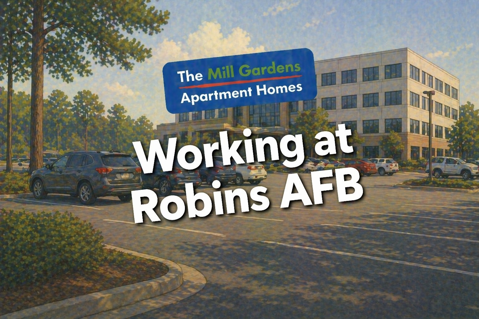 Suburban office building and parking lot with mature oak trees representing a typical Robins AFB employer workplace setting