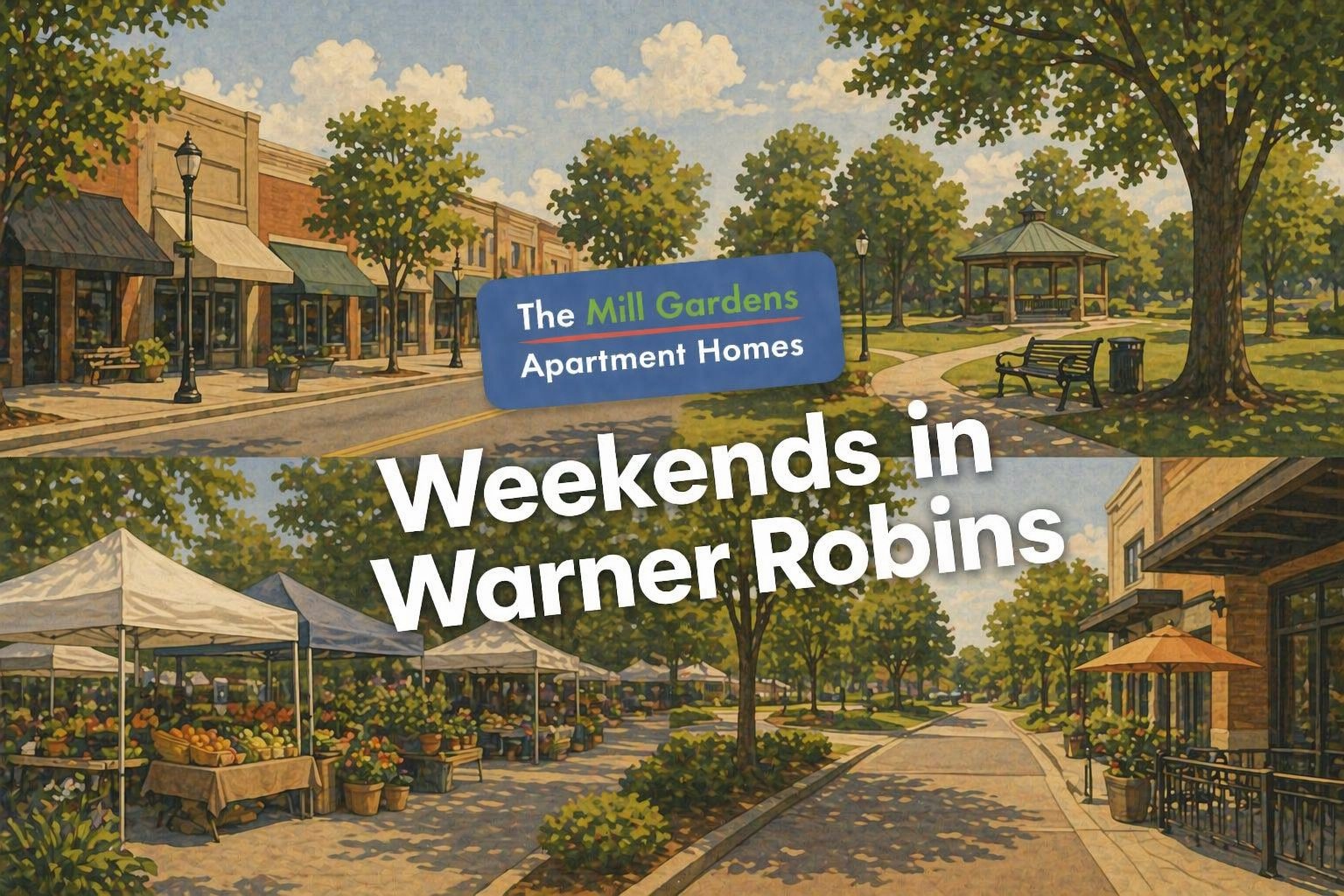 Collage of things to do in Warner Robins GA: downtown storefronts, a park gazebo, a farmers market, and outdoor cafe seating