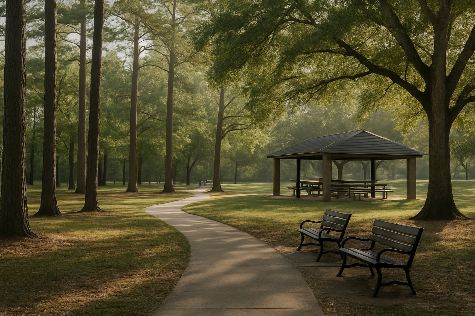 Public park in Middle Georgia with a curved walking trail, mature trees, a picnic shelter, and empty benches in morning light